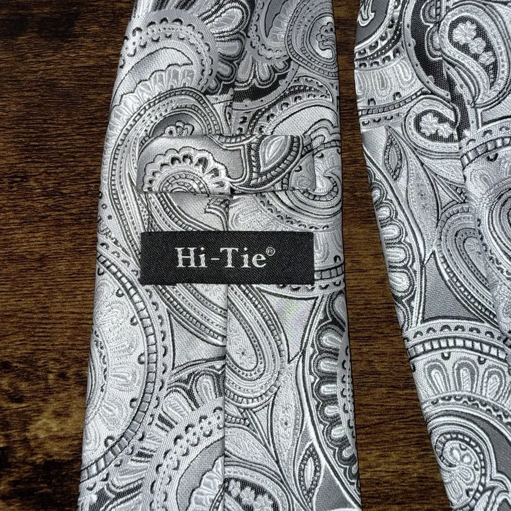 Hi-Tie‎ Grey Silver Paisley 100% Silk Necktie Men's Classic Formal Wedding